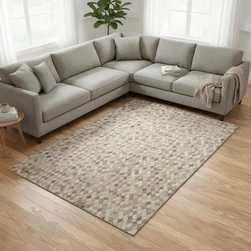 Gray Ivory And Beige Geometric Washable Area Rug With UV Protection Photo 1