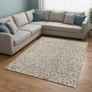 Photo of Gray Ivory And Beige Geometric Washable Area Rug With UV Protection
