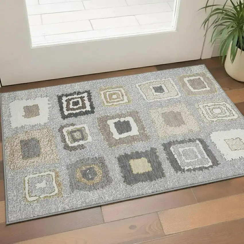 Gray Ivory And Beige Geometric Washable Area Rug With UV Protection Photo 2