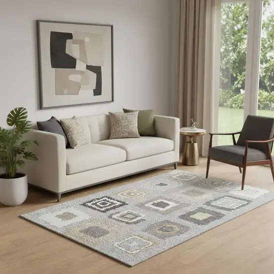 Gray Ivory And Beige Geometric Washable Area Rug With UV Protection Photo 2