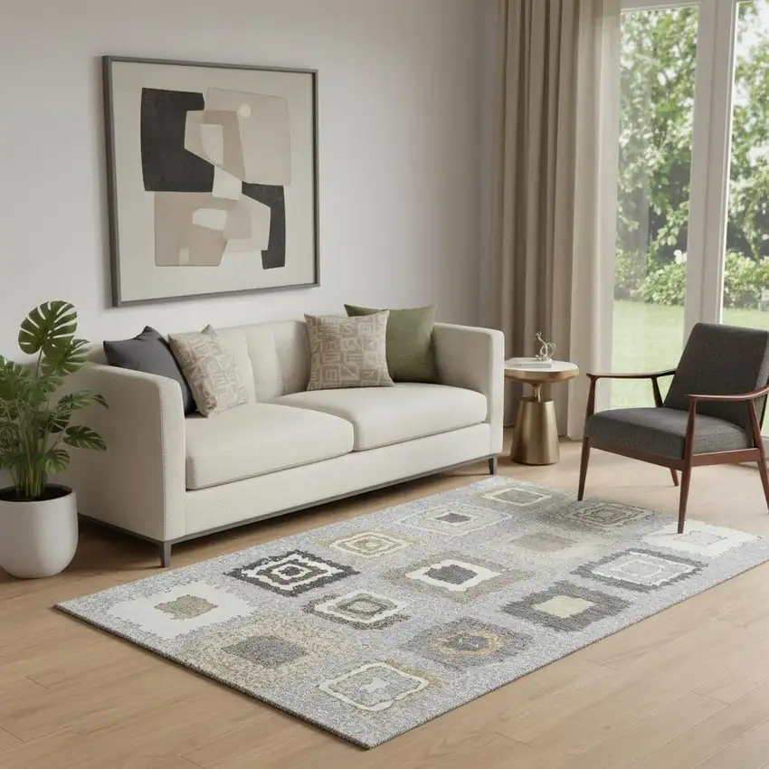 Gray Ivory And Beige Geometric Washable Area Rug With UV Protection Photo 2