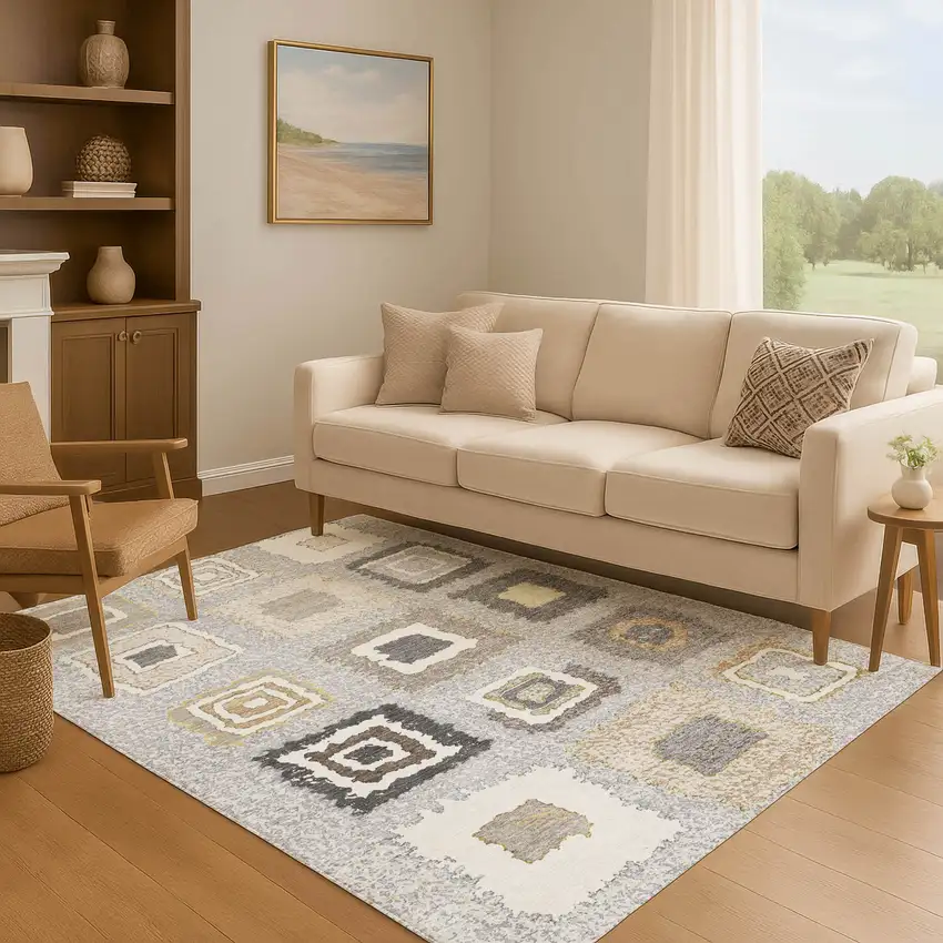 Gray Ivory And Beige Geometric Washable Area Rug With UV Protection Photo 6