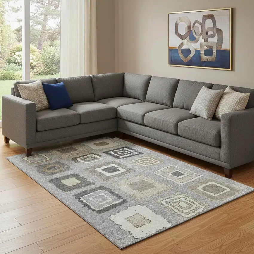 Gray Ivory And Beige Geometric Washable Area Rug With UV Protection Photo 2