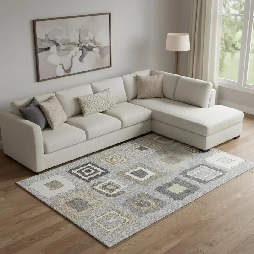 Gray Ivory And Beige Geometric Washable Area Rug With UV Protection Photo 2