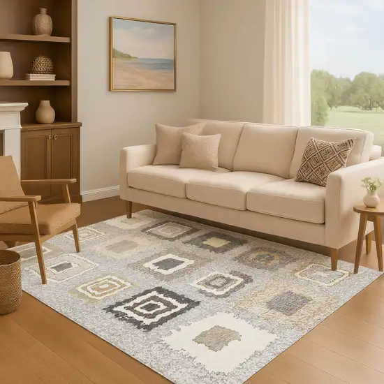 Gray Ivory And Beige Geometric Washable Area Rug With UV Protection Photo 6