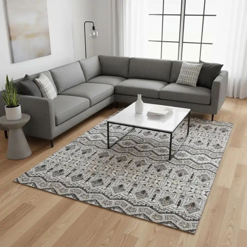 Gray Ivory And Beige Moroccan Washable Area Rug With UV Protection Photo 2