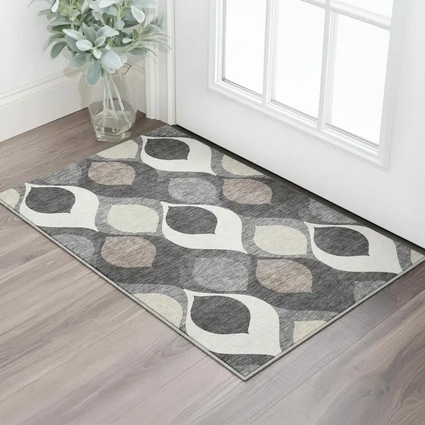 Gray Ivory And Beige Ogee Washable Area Rug With UV Protection Photo 2