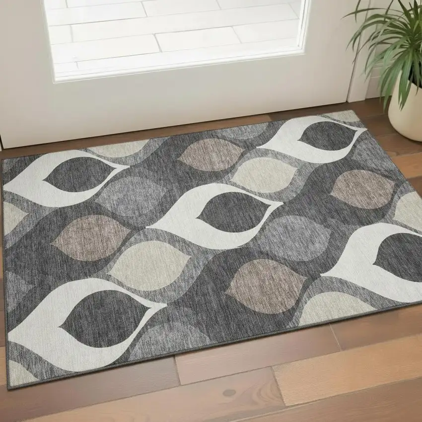 Gray Ivory And Beige Ogee Washable Area Rug With UV Protection Photo 1