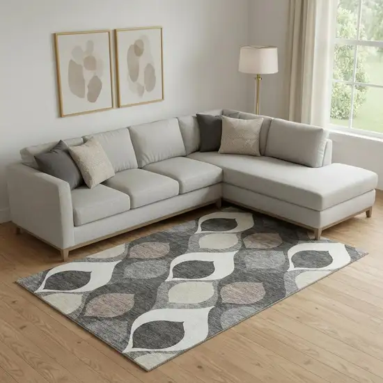 Gray Ivory And Beige Ogee Washable Area Rug With UV Protection Photo 1
