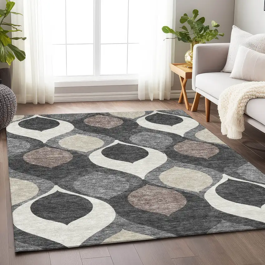 Gray Ivory And Beige Ogee Washable Area Rug With UV Protection Photo 4