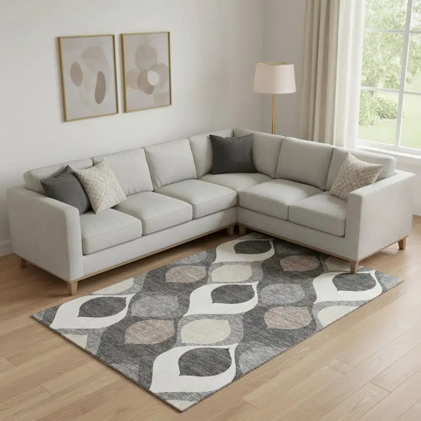 Gray Ivory And Beige Ogee Washable Area Rug With UV Protection Photo 1