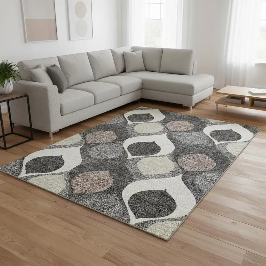Gray Ivory And Beige Ogee Washable Area Rug With UV Protection Photo 2