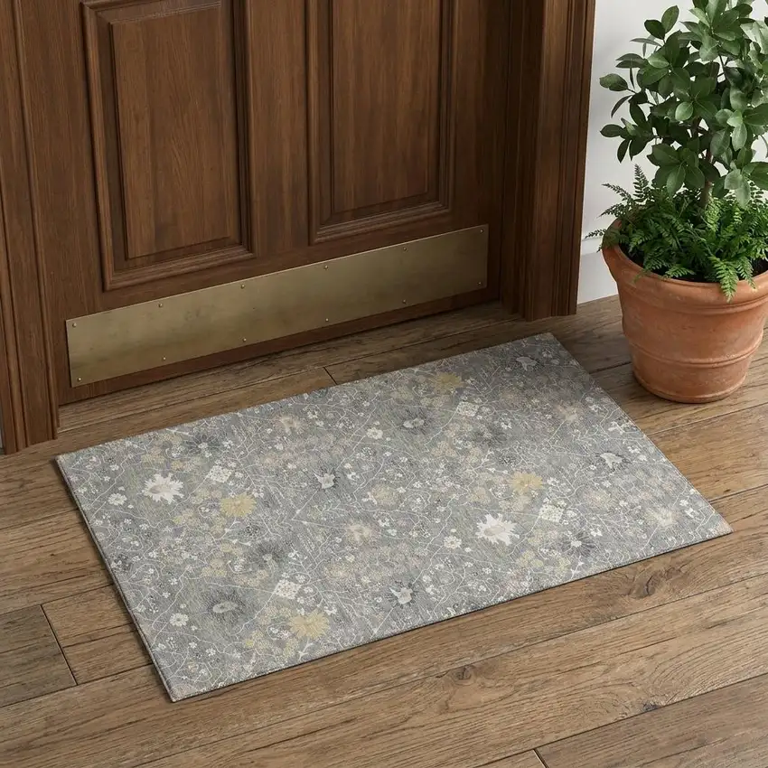 Gray Ivory And Beige Oriental Washable Area Rug With UV Protection Photo 1