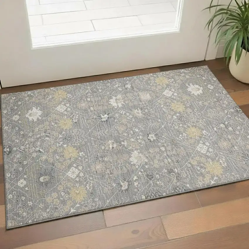 Gray Ivory And Beige Oriental Washable Area Rug With UV Protection Photo 2
