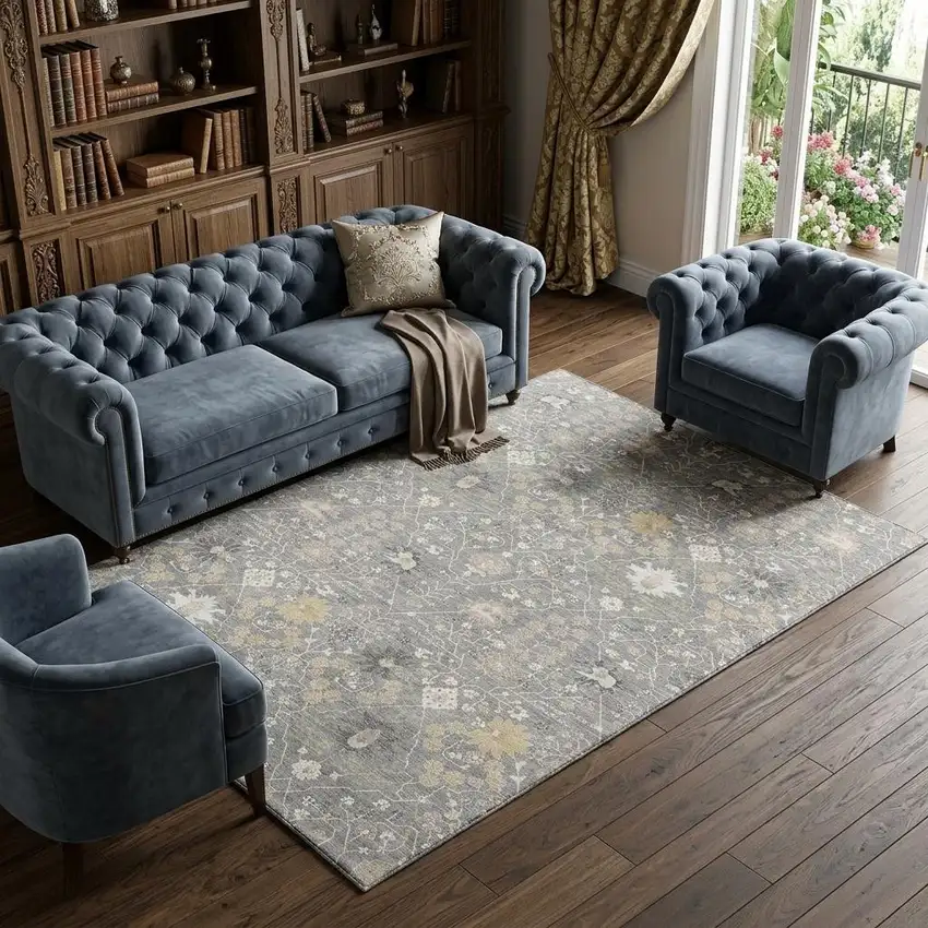 Gray Ivory And Beige Oriental Washable Area Rug With UV Protection Photo 1