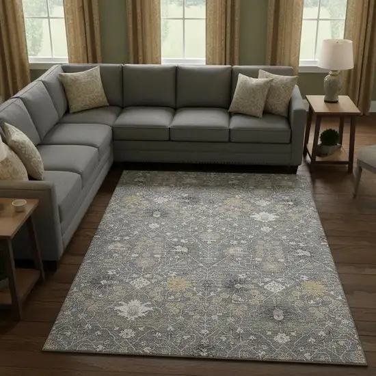 Gray Ivory And Beige Oriental Washable Area Rug With UV Protection Photo 2