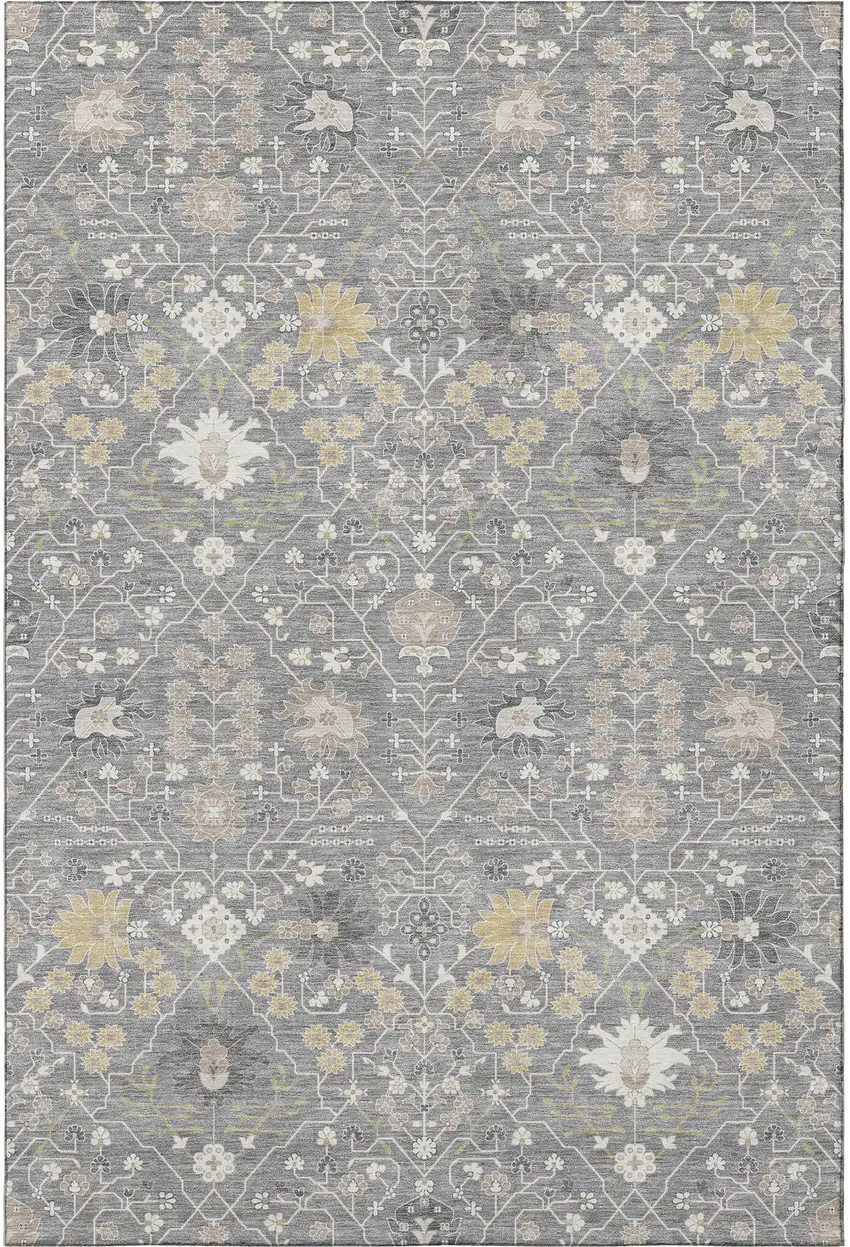 Gray Ivory And Beige Oriental Washable Area Rug With UV Protection Photo 3