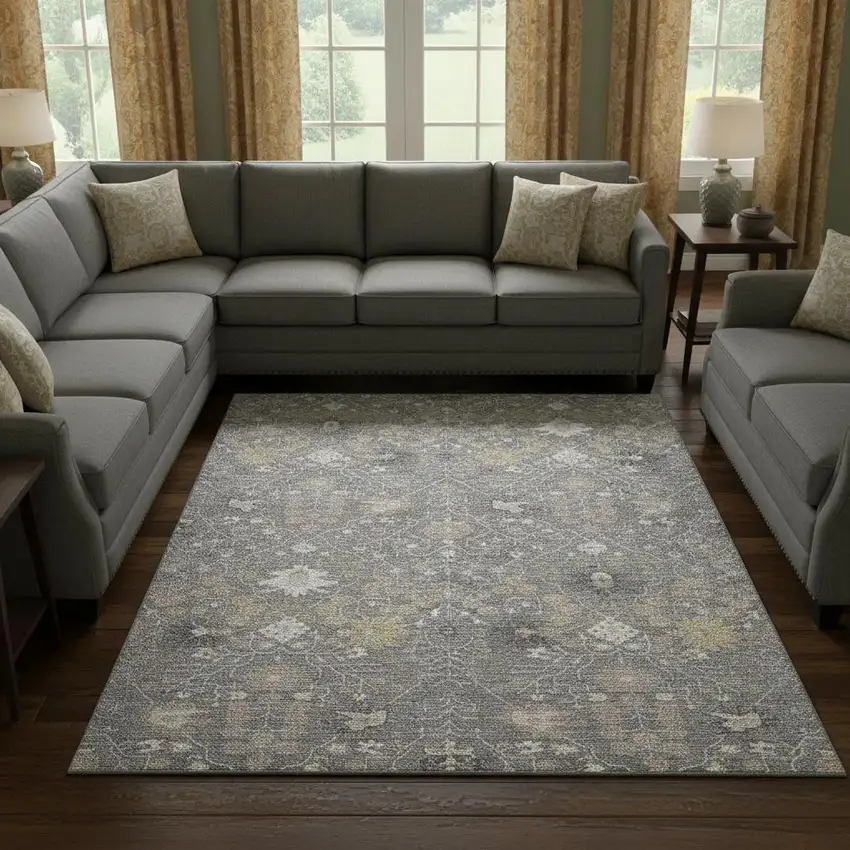 Gray Ivory And Beige Oriental Washable Area Rug With UV Protection Photo 2