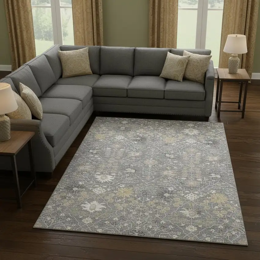 Gray Ivory And Beige Oriental Washable Area Rug With UV Protection Photo 2