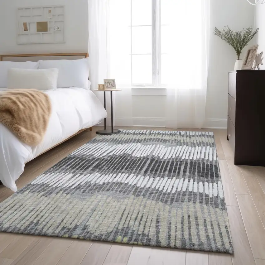 Gray Ivory And Beige Striped Washable Area Rug With UV Protection Photo 5