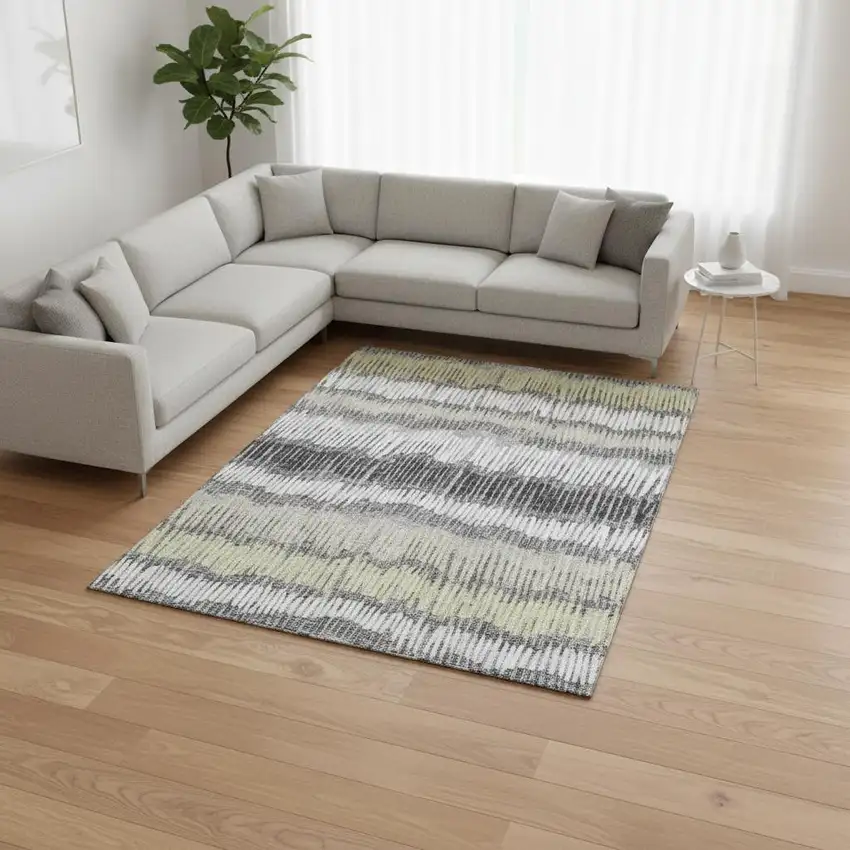 Gray Ivory And Beige Striped Washable Area Rug With UV Protection Photo 2
