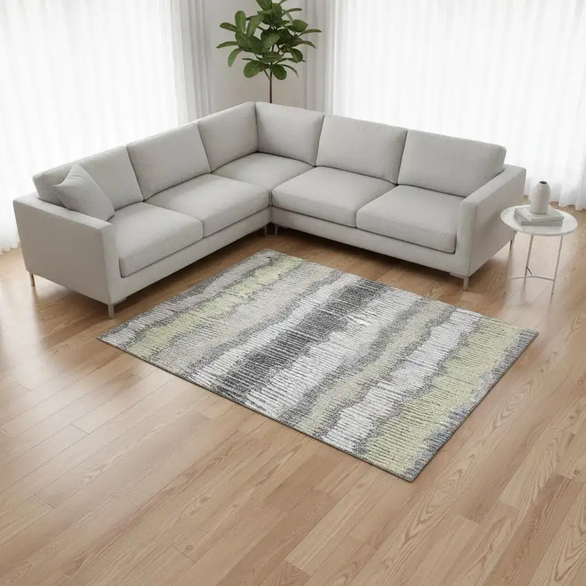 Gray Ivory And Beige Striped Washable Area Rug With UV Protection Photo 2