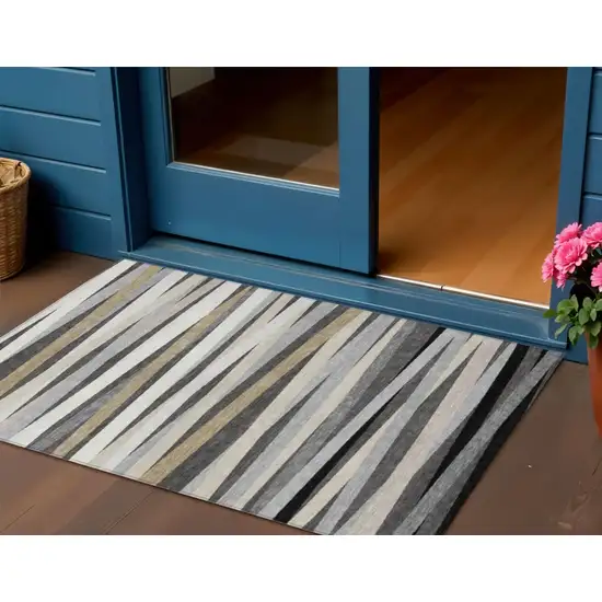 Gray Ivory And Beige Striped Washable Indoor Outdoor Area Rug Photo 1