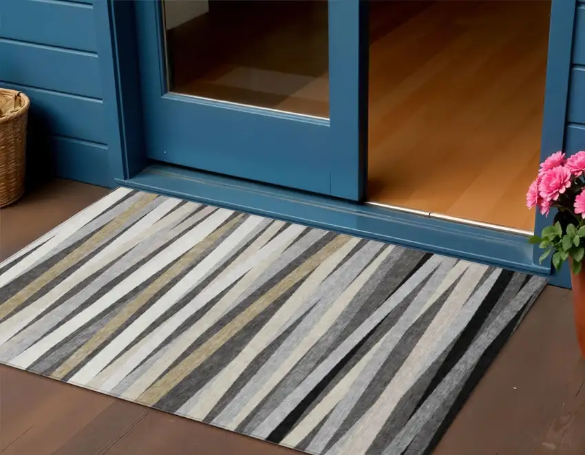 Gray Ivory And Beige Striped Washable Indoor Outdoor Area Rug Photo 1