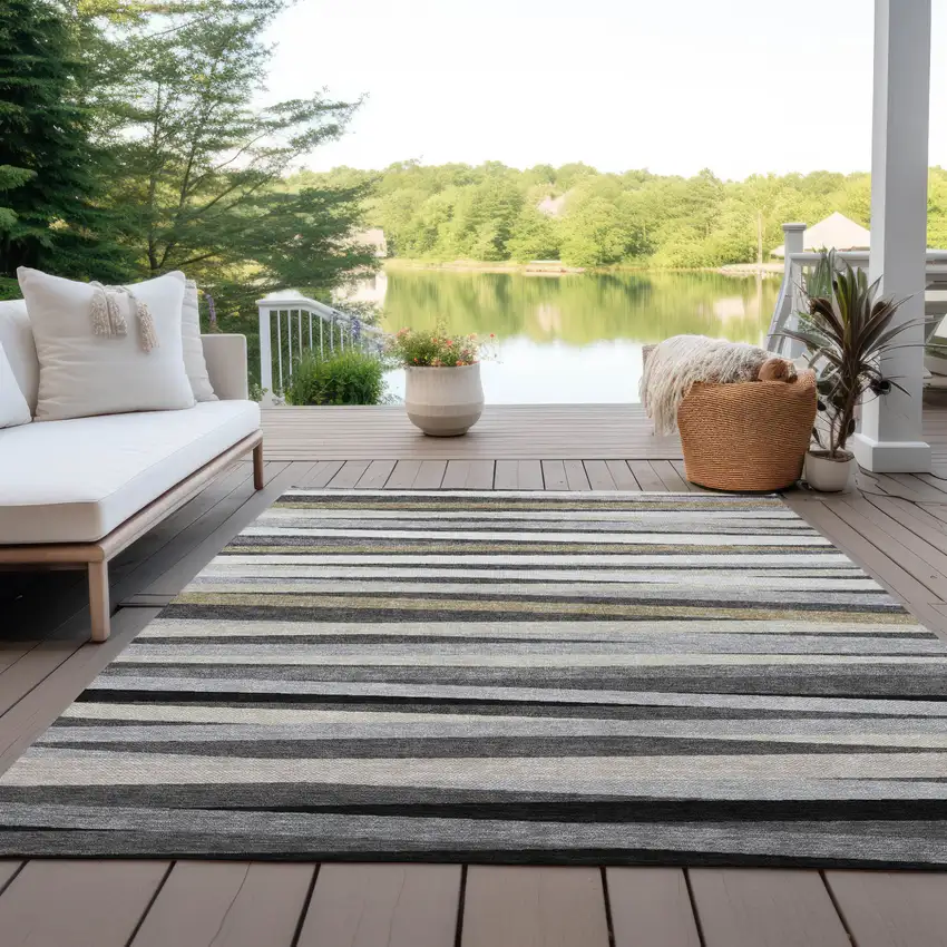 Gray Ivory And Beige Striped Washable Indoor Outdoor Area Rug Photo 9