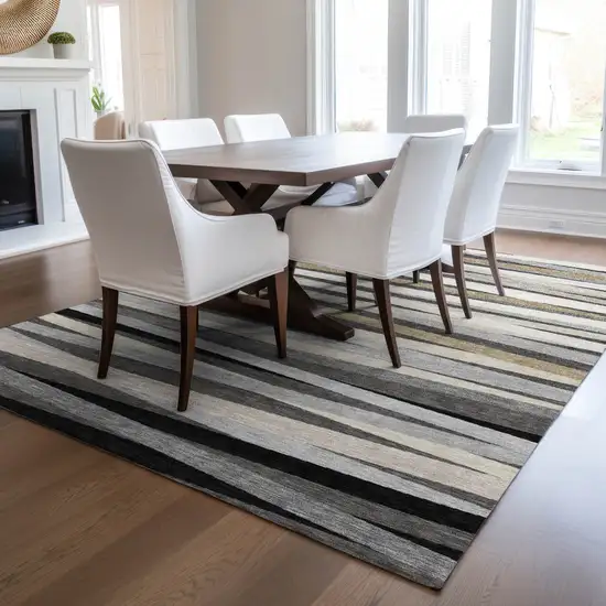 Gray Ivory And Beige Striped Washable Indoor Outdoor Area Rug Photo 9