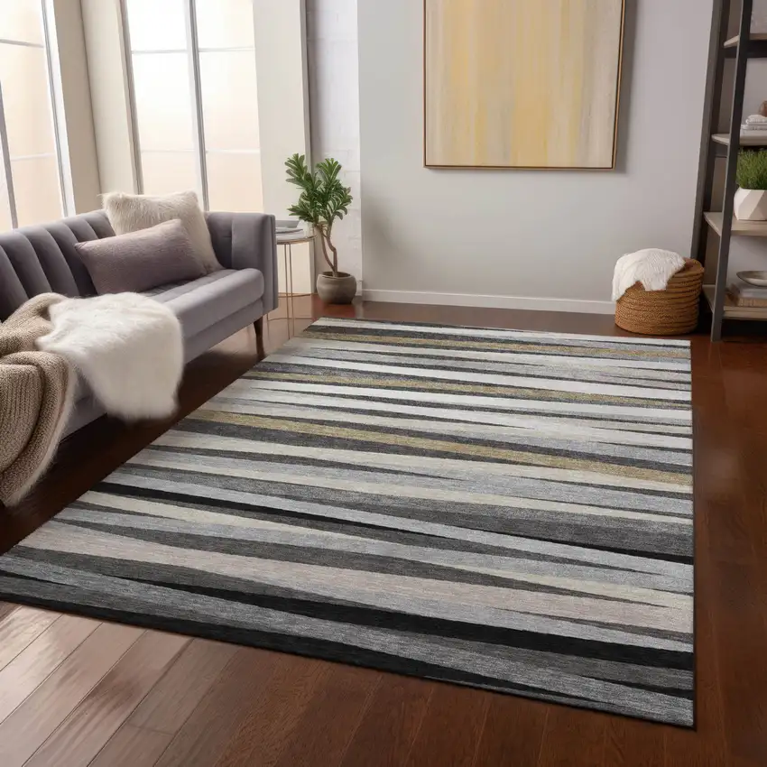 Gray Ivory And Beige Striped Washable Indoor Outdoor Area Rug Photo 8