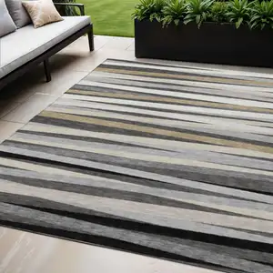 Photo of Gray Ivory And Beige Striped Washable Indoor Outdoor Area Rug