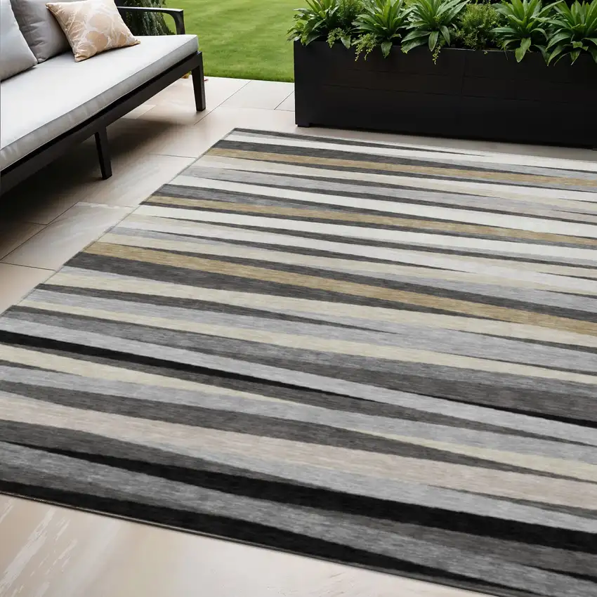 Gray Ivory And Beige Striped Washable Indoor Outdoor Area Rug Photo 1