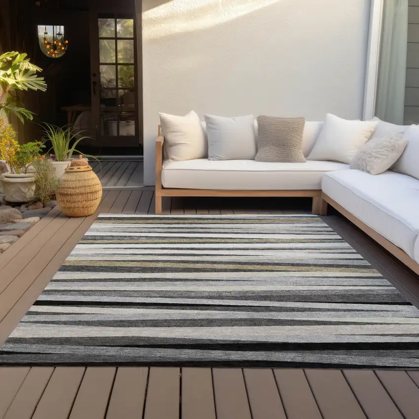 Gray Ivory And Beige Striped Washable Indoor Outdoor Area Rug Photo 7