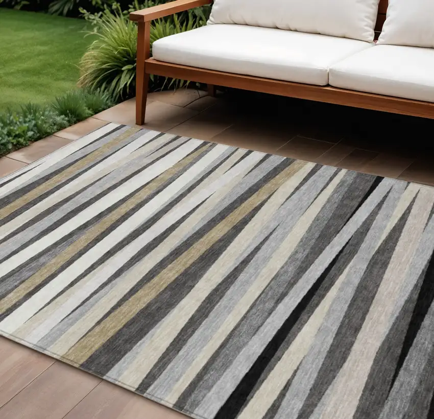 Gray Ivory And Beige Striped Washable Indoor Outdoor Area Rug Photo 1