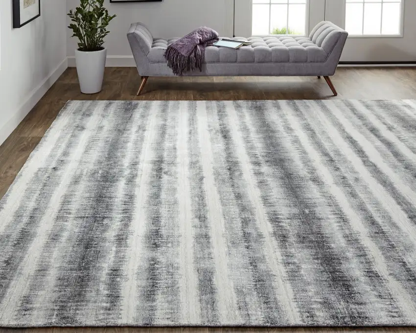 Gray Ivory And Black Abstract Hand Woven Area Rug Photo 6