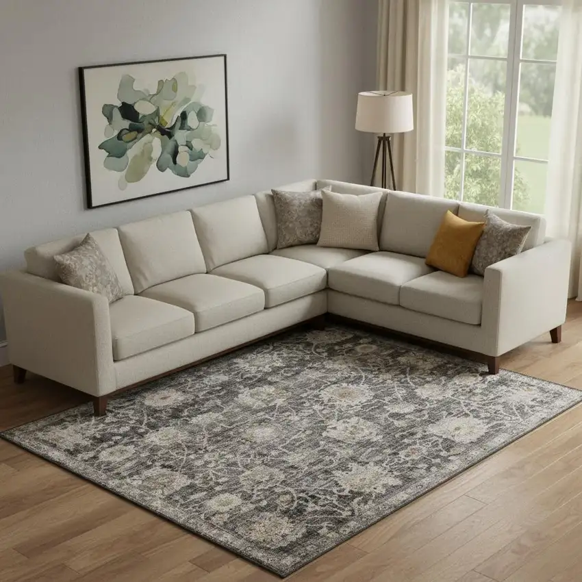 Gray Ivory And Black Floral Distressed Area Rug Photo 1