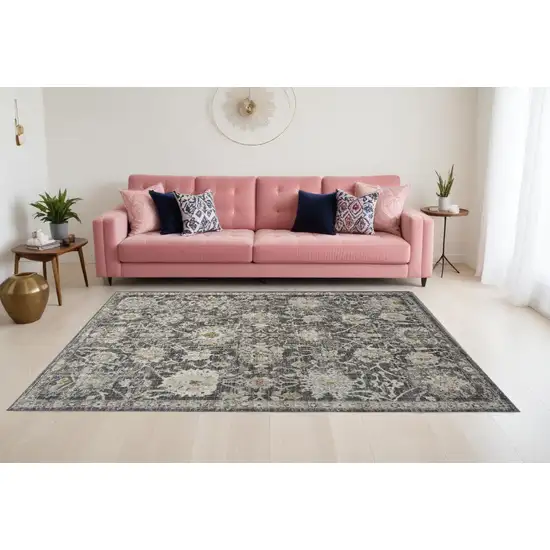 Gray Ivory And Black Floral Distressed Area Rug Photo 1