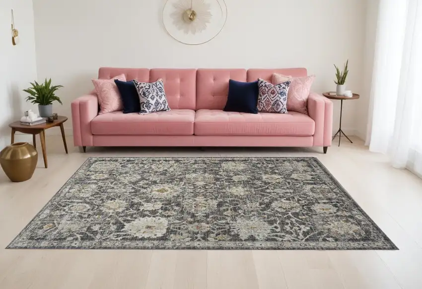 Gray Ivory And Black Floral Distressed Area Rug Photo 1