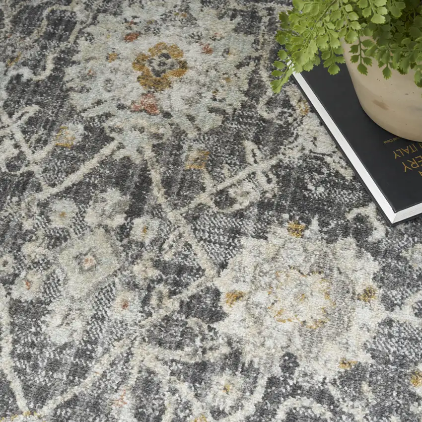 Gray Ivory And Black Floral Distressed Area Rug Photo 9