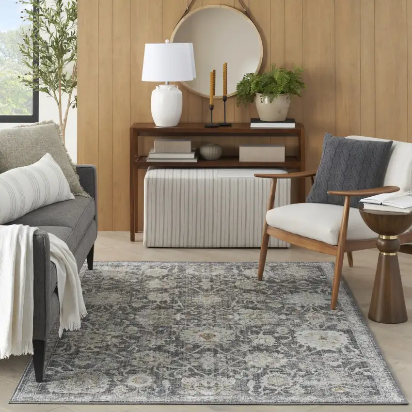 Gray Ivory And Black Floral Distressed Area Rug Photo 4