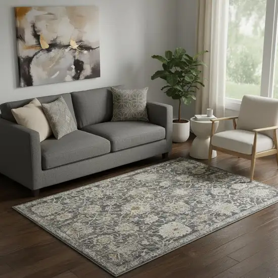 Gray Ivory And Black Floral Distressed Area Rug Photo 1