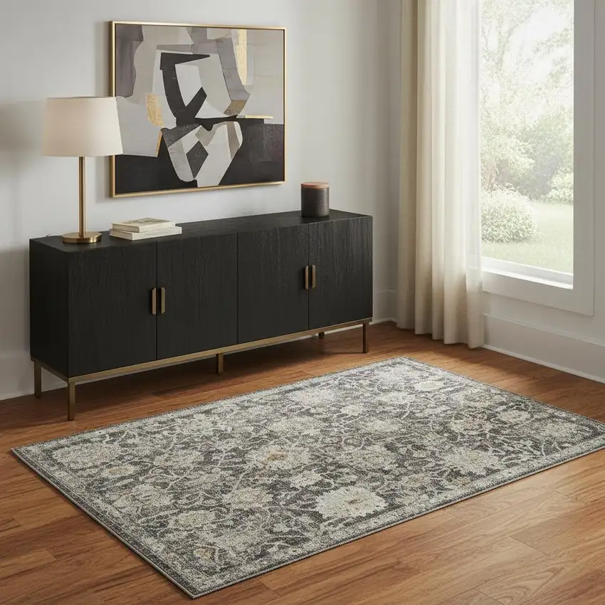 Gray Ivory And Black Floral Distressed Area Rug Photo 1