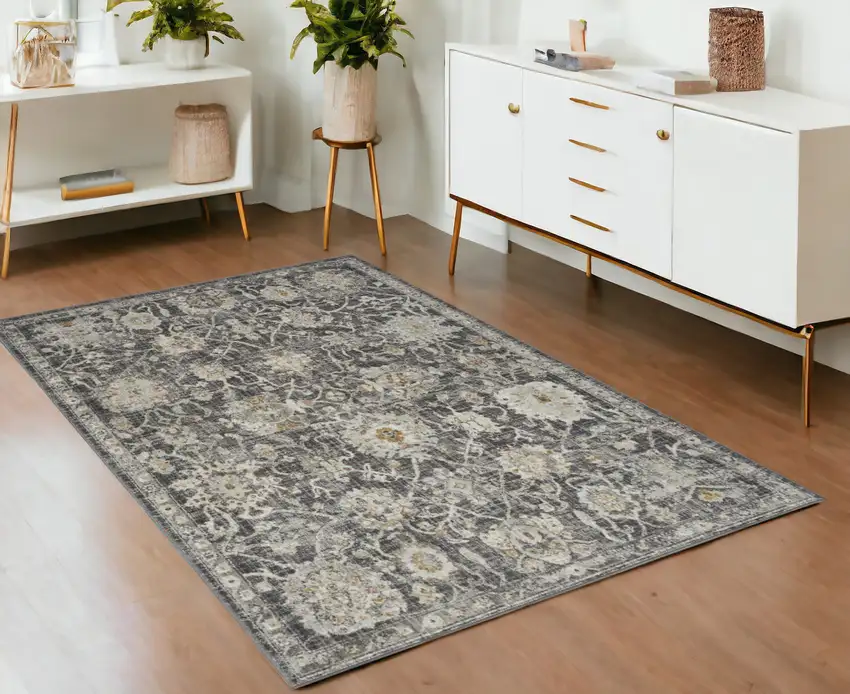 Gray Ivory And Black Floral Distressed Area Rug Photo 1