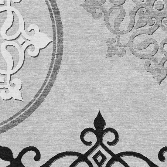 Gray Ivory And Black Floral Medallion Washable Area Rug With UV Protection Photo 3