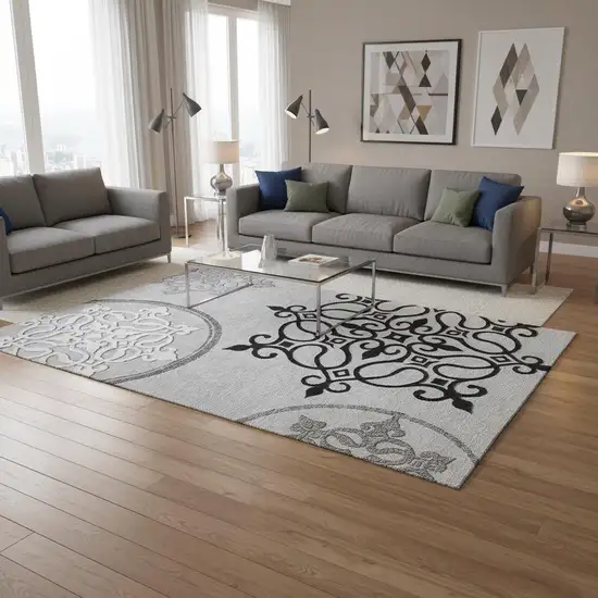 Gray Ivory And Black Floral Medallion Washable Area Rug With UV Protection Photo 2