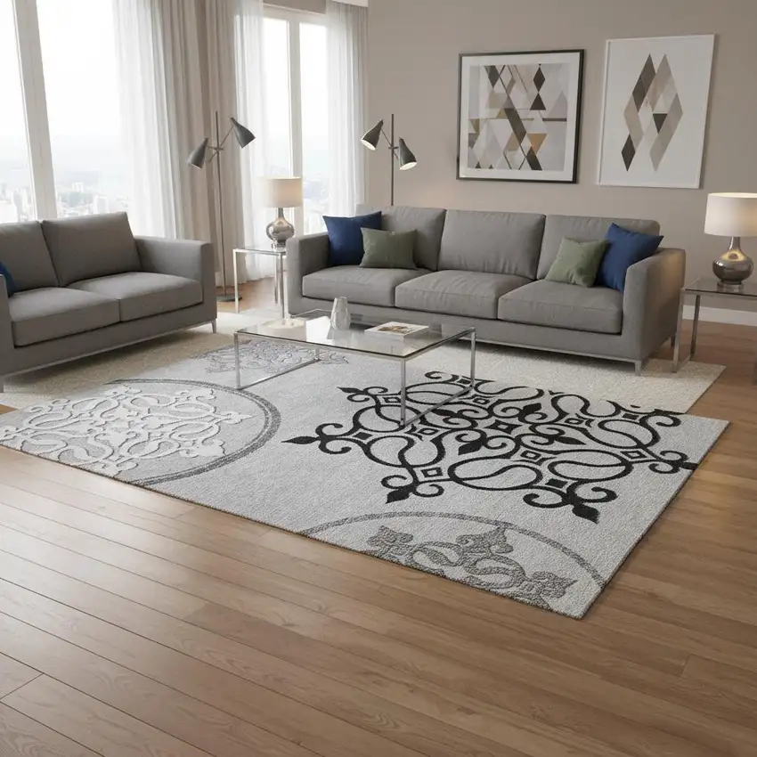 Gray Ivory And Black Floral Medallion Washable Area Rug With UV Protection Photo 2