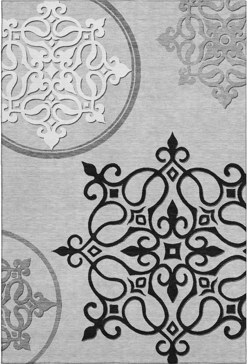 Gray Ivory And Black Floral Medallion Washable Area Rug With UV Protection Photo 1