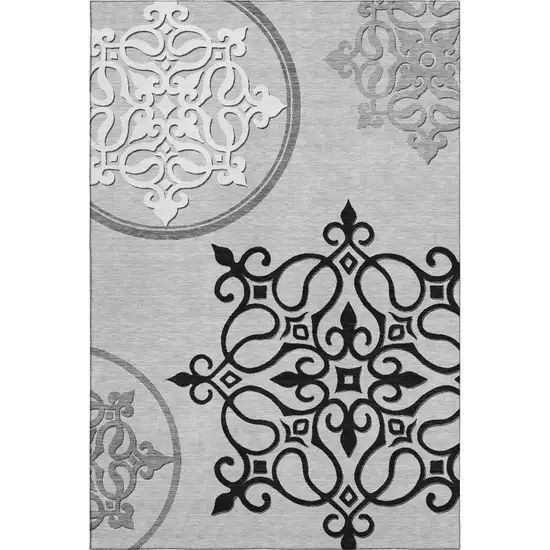 Gray Ivory And Black Floral Medallion Washable Area Rug With UV Protection Photo 1