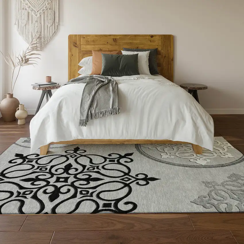 Gray Ivory And Black Floral Medallion Washable Area Rug With UV Protection Photo 5